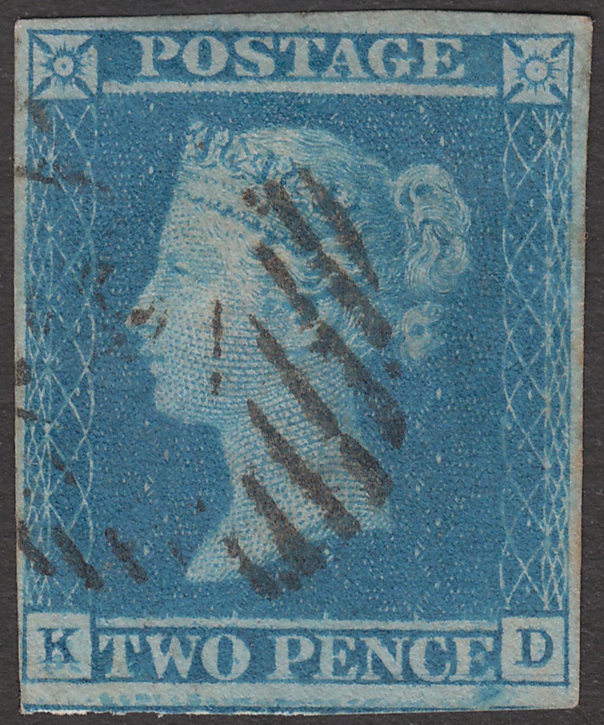 Queen Victoria 1841 2d Blue w Lines Used Letters KD Four Margins with guideline