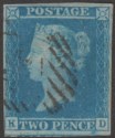 Click for more photos and details Queen Victoria 1841 2d Blue w Lines Used Letters KD Four Margins with guideline