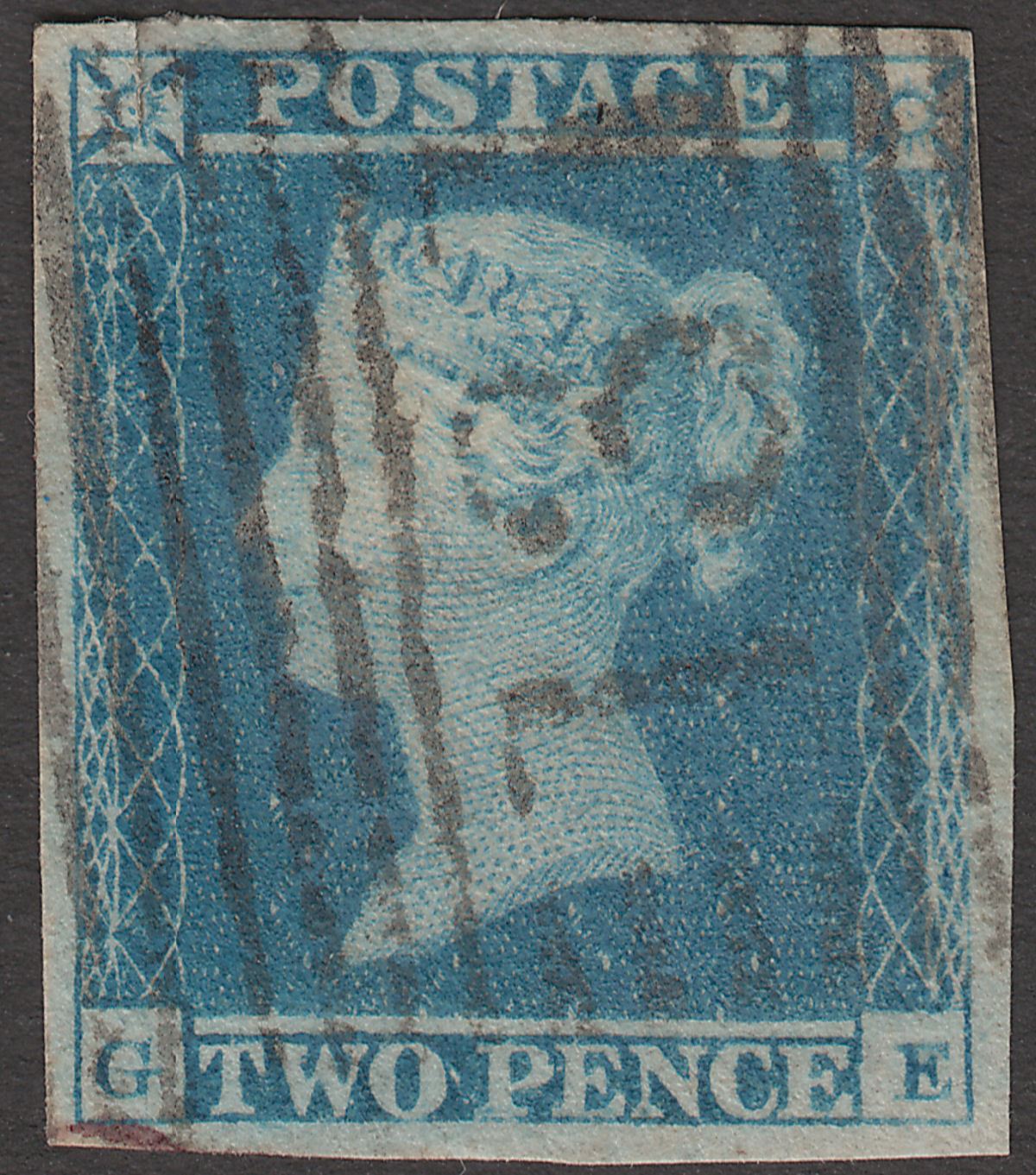 Queen Victoria 1841 2d Blue Lines Used Letter GE with Four Margins but tear