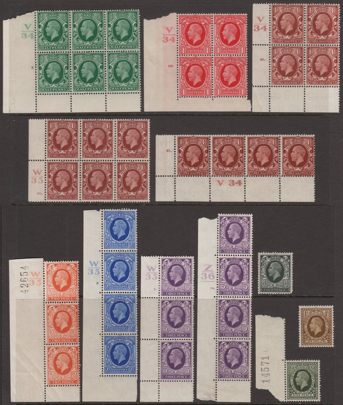 King George V 1934-36 Photogravure Pt Set to 1sh w Controls Blocks / Strips Mint