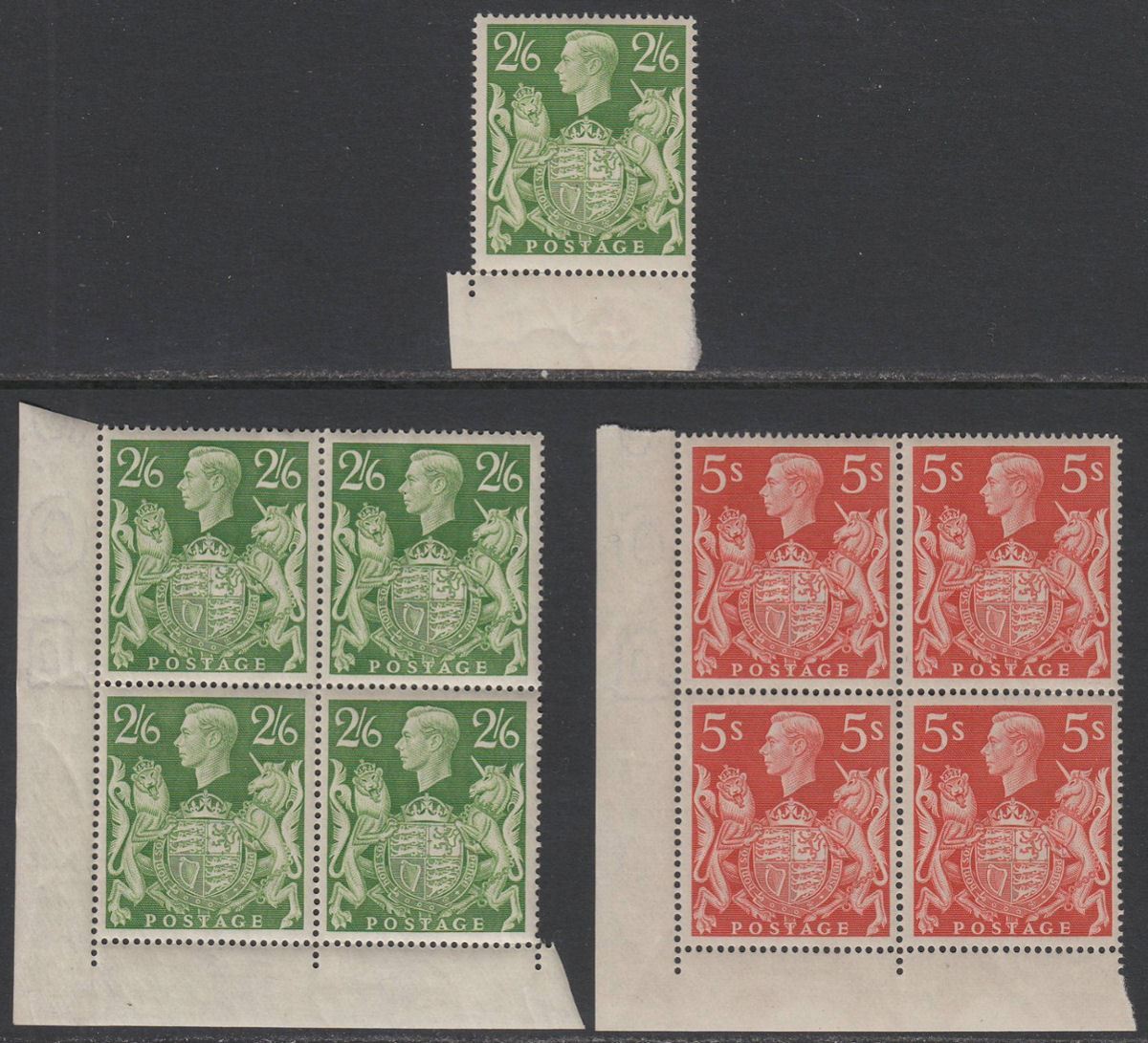 King George VI 1939 2sh6d Yellow-Green, 5sh Red Blocks Mint SG476-477 cat £155