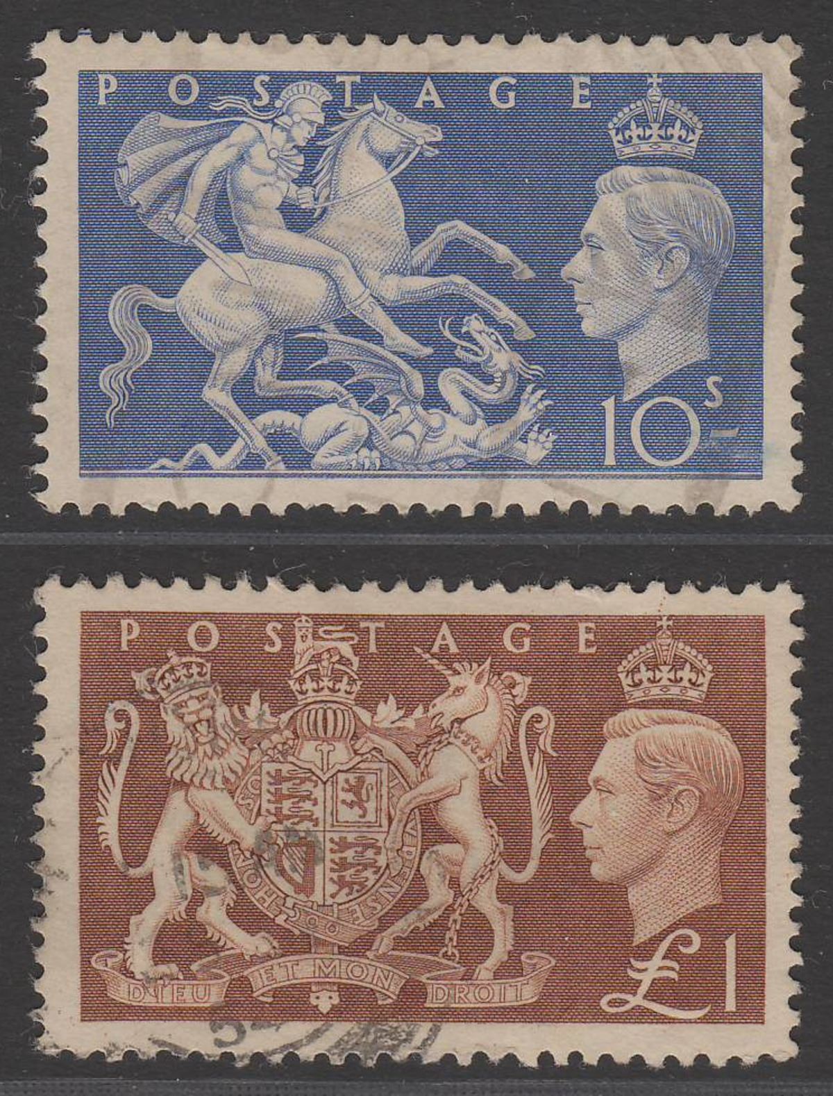 King George VI 1951 10sh Ultramarine, £1 Brown Used SG511-512 cat £25