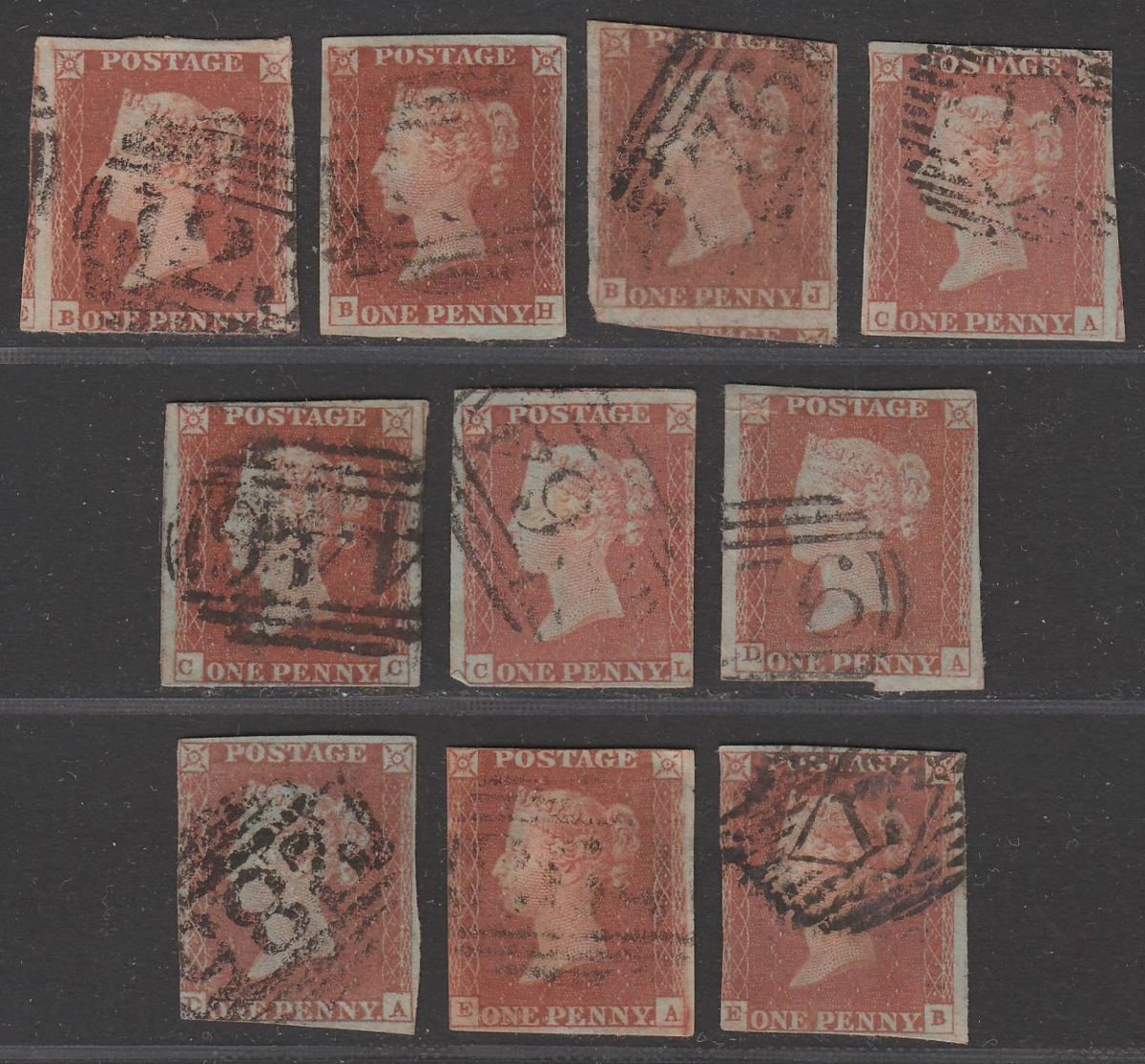 Queen Victoria 1841 1d Red Imperf Selection Used with Numeral Postmarks