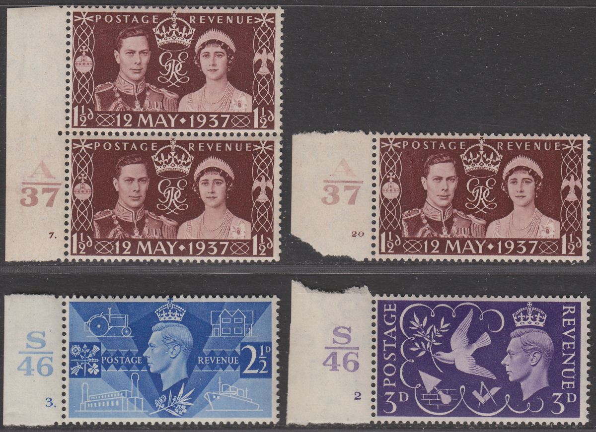 King George VI 1937-46 Coronation 1½d / Peace 2½d, 3d Mint with Cylinder Numbers
