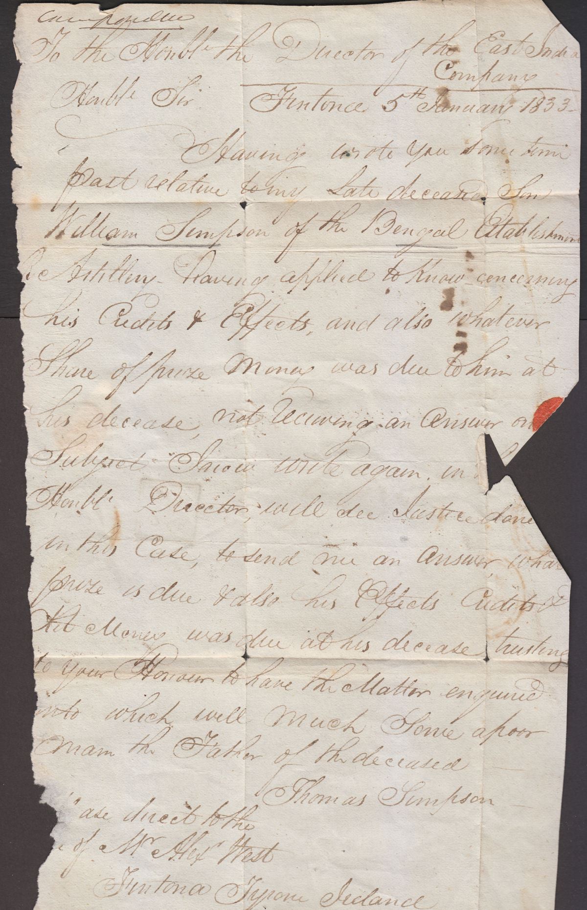 Great Britain 1833 Pre-Stamp Entire 1/4 Rate Sent to East India Company, London