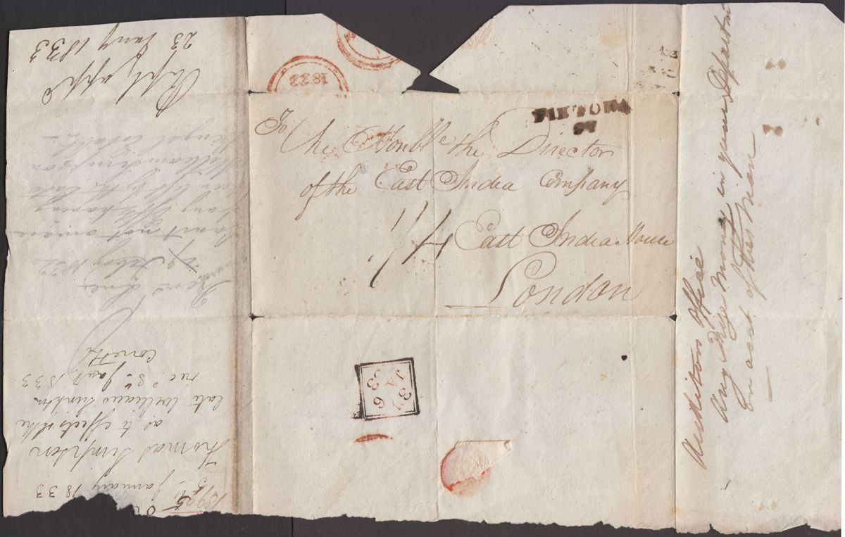 Great Britain 1833 Pre-Stamp Entire 1/4 Rate Sent to East India Company, London