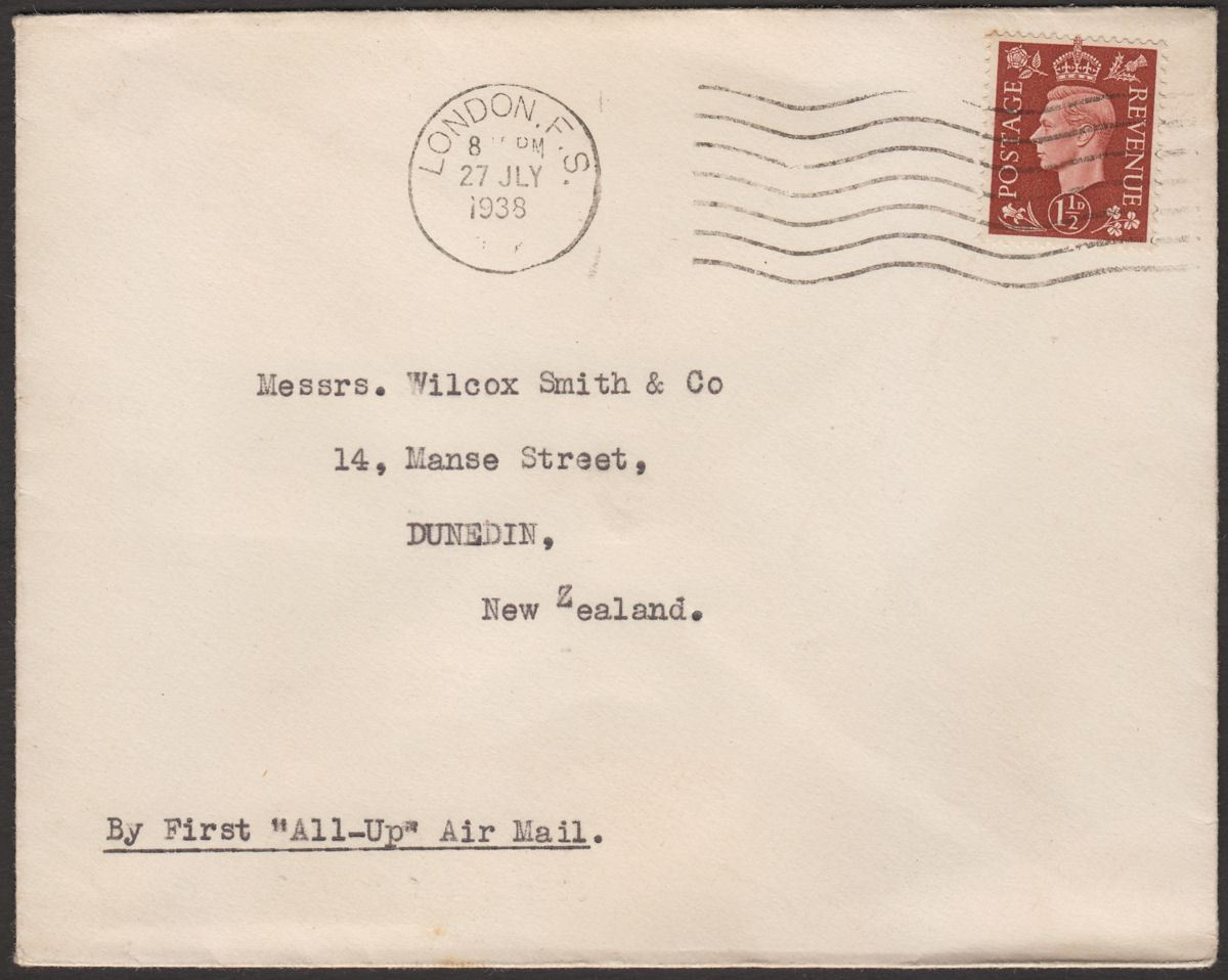 KGVI 1938 1½d Used on First All-Up Airmail Cover London to New Zealand