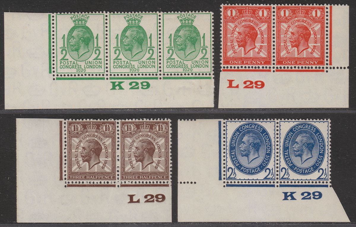KGV 1929 Ninth UPU Congress Set K29 L29 Control Pairs + Strip Mint SG434-437