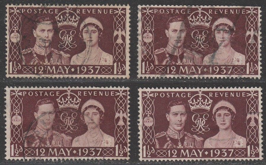 King George VI 1937 Coronation 1½d Used Varieties Colon Flaw, Thick Ray, Pearl