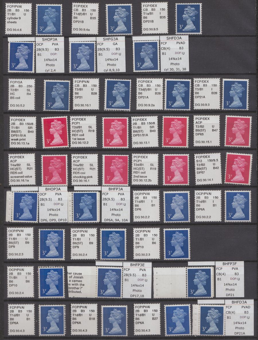 QEII 1971 onwards Specialised Machin 3p Collection Mint 49 stamps Deegam Notes