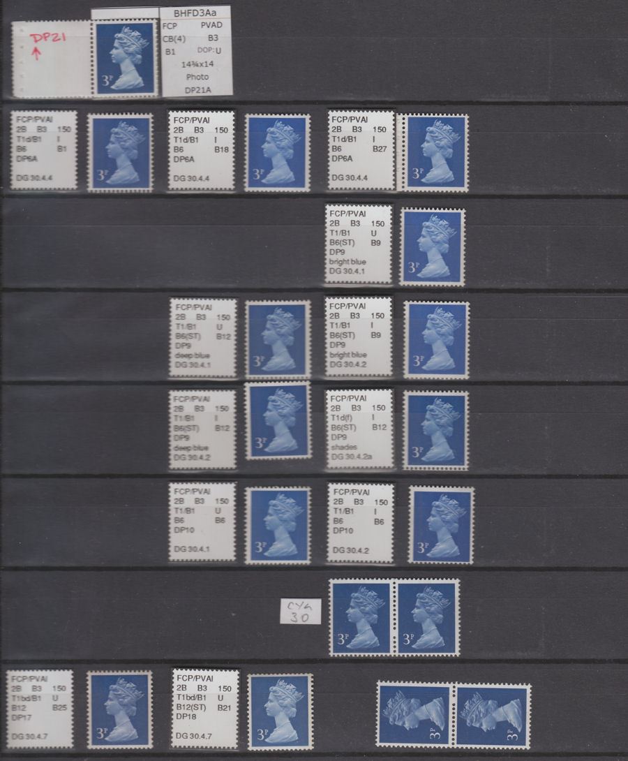 QEII 1971 onwards Specialised Machin 3p Collection Mint 49 stamps Deegam Notes