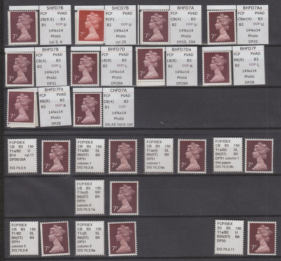 QEII 1975 on Specialised Machin 7p, 7½p Collection Mint 27 stamps Deegam Notes