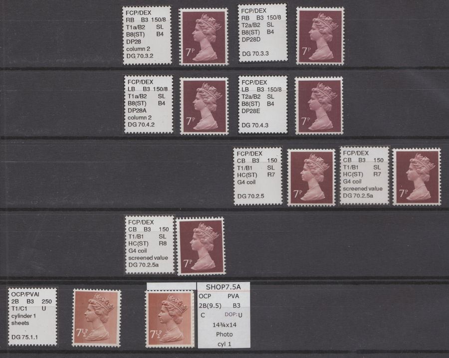 QEII 1975 on Specialised Machin 7p, 7½p Collection Mint 27 stamps Deegam Notes