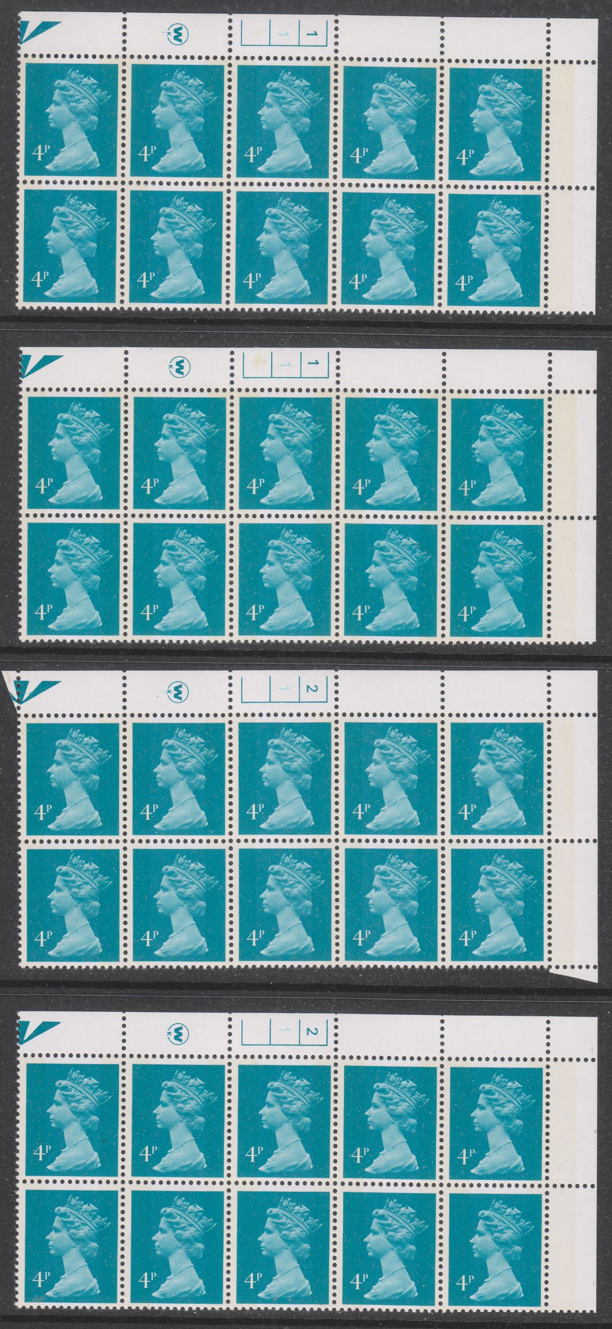 QEII 1980 Machin 4p Litho Cylinder 1 1 to 6A 4B Blocks of 10 Mint w 14 different
