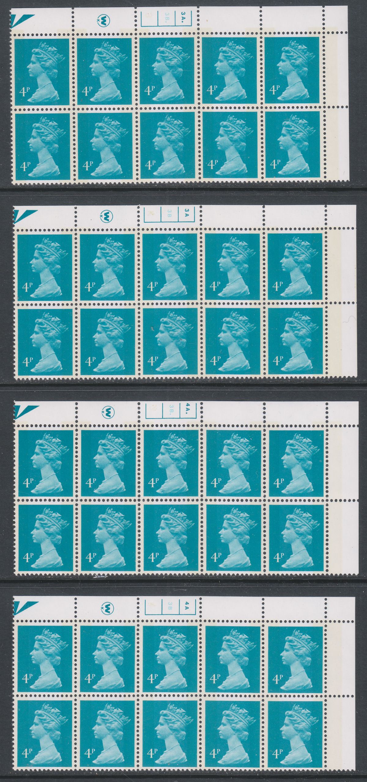 QEII 1980 Machin 4p Litho Cylinder 1 1 to 6A 4B Blocks of 10 Mint w 14 different