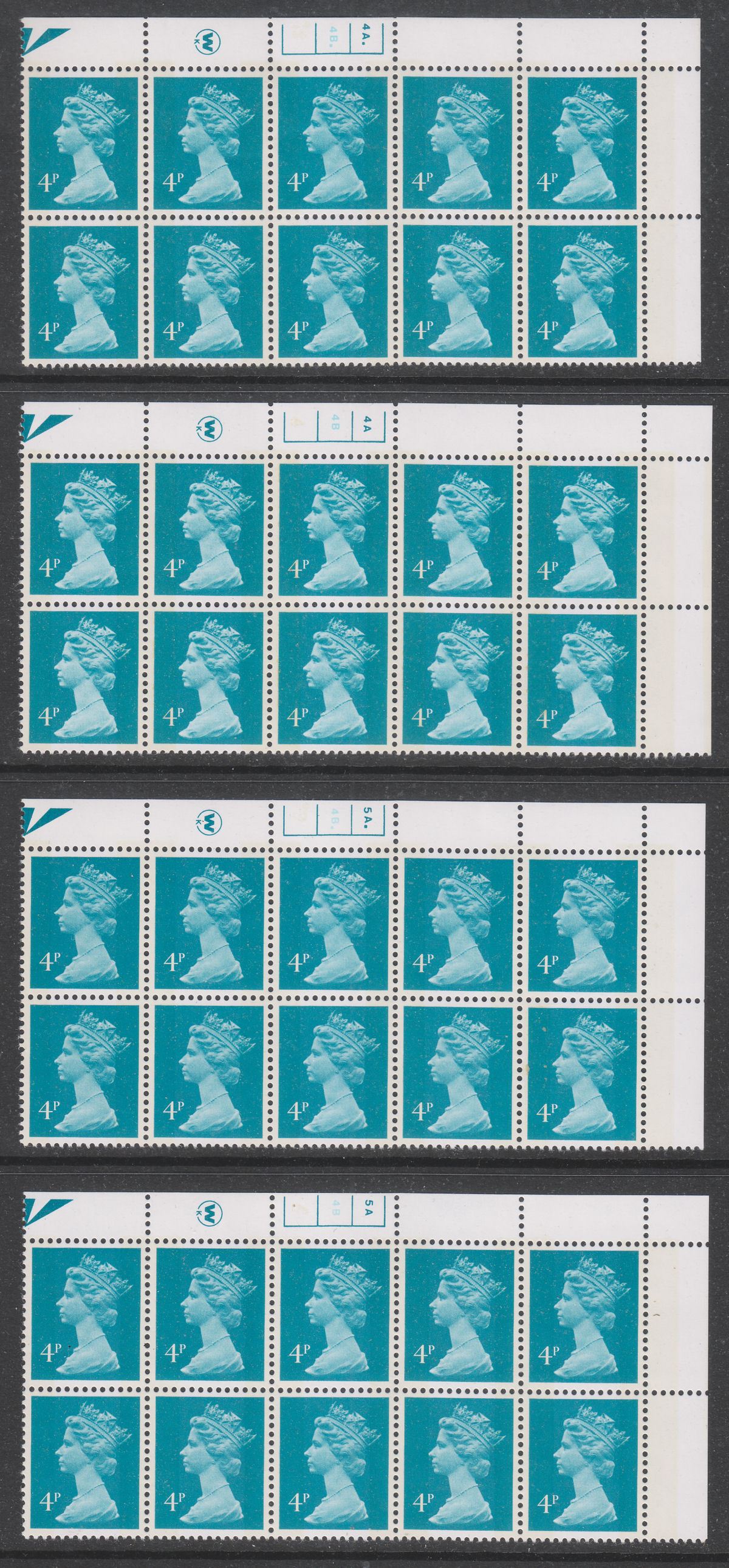 QEII 1980 Machin 4p Litho Cylinder 1 1 to 6A 4B Blocks of 10 Mint w 14 different