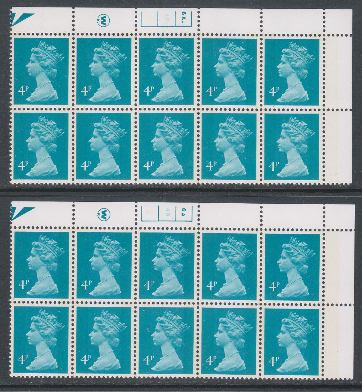 QEII 1980 Machin 4p Litho Cylinder 1 1 to 6A 4B Blocks of 10 Mint w 14 different