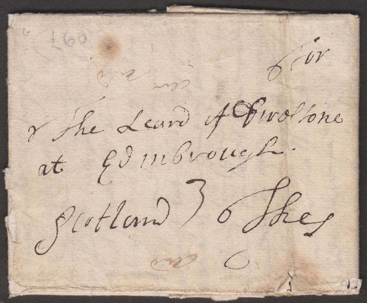 Pre-Stamp Entire Sent London to Laird of Dirleton Edinburgh Receiving House Mark