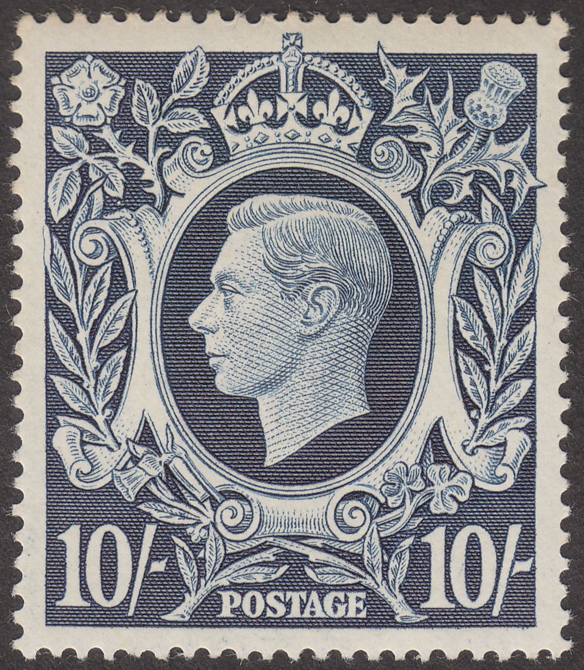 King George VI 1939 10sh Dark Blue Mint SG478 cat £260 light reverse perf tones