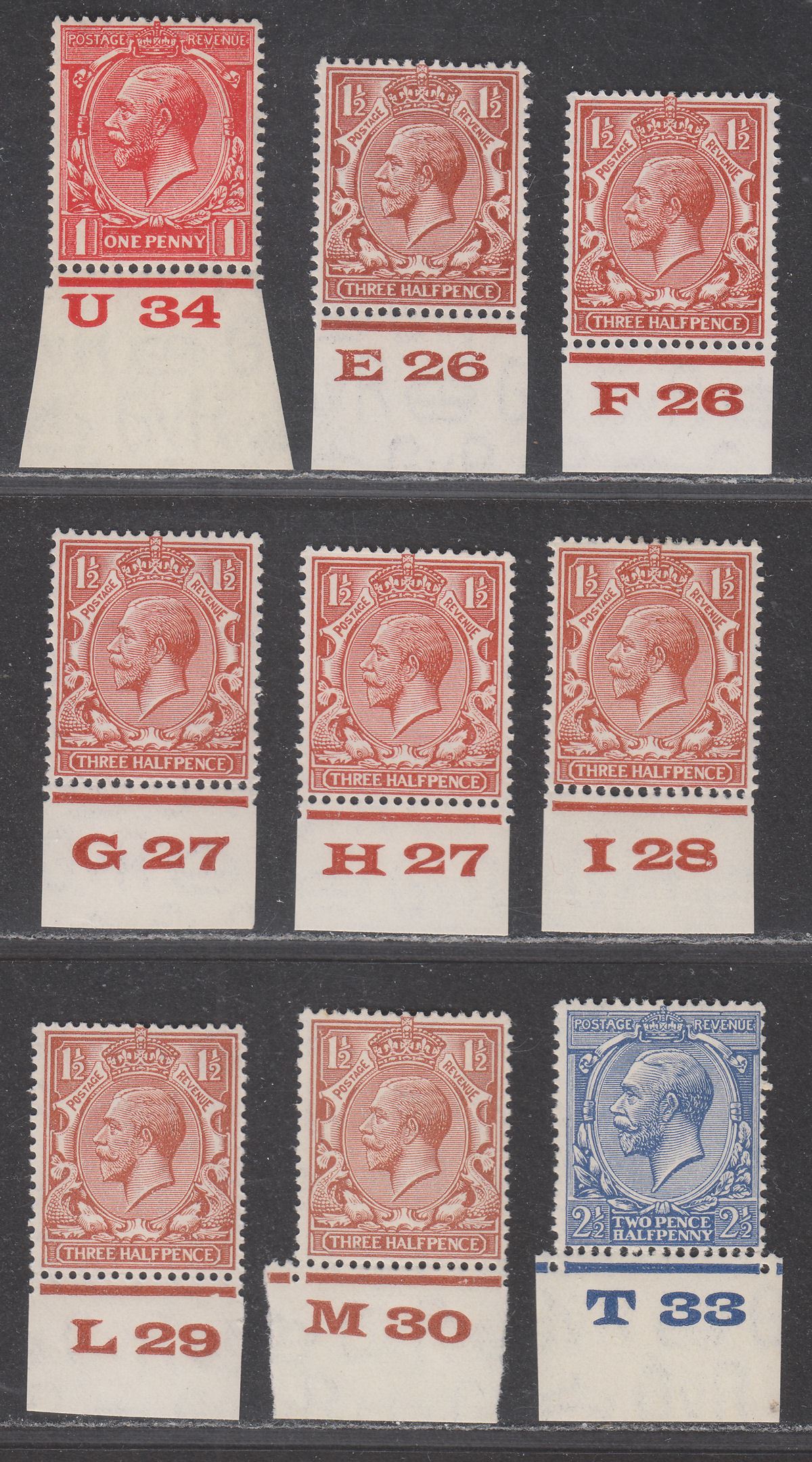 King George V 1924 1d, 1½d + 2½d Selection with Control Numbers Mint