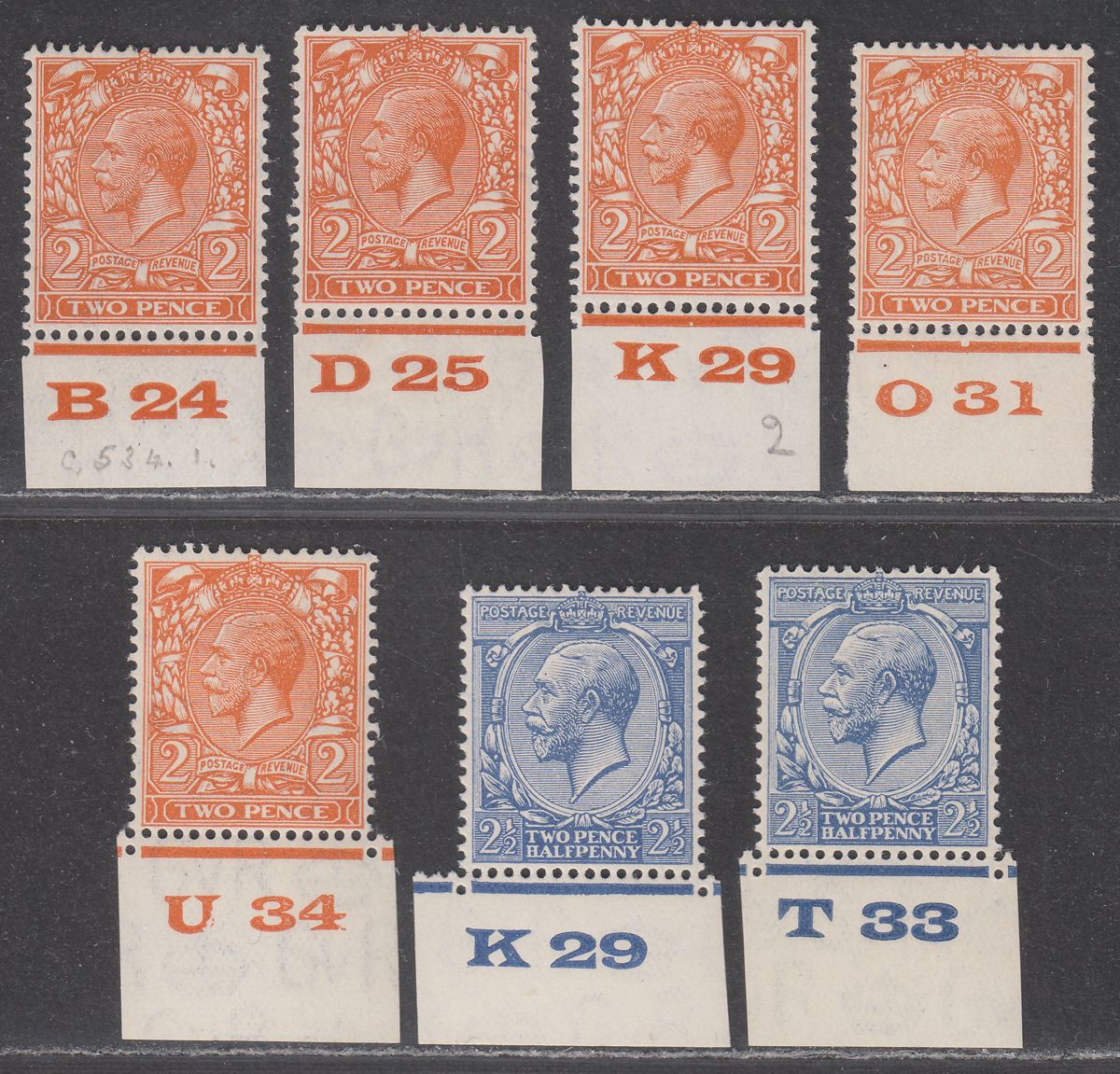 King George V 1924 2d + 2½d Selection with Control Numbers Mint