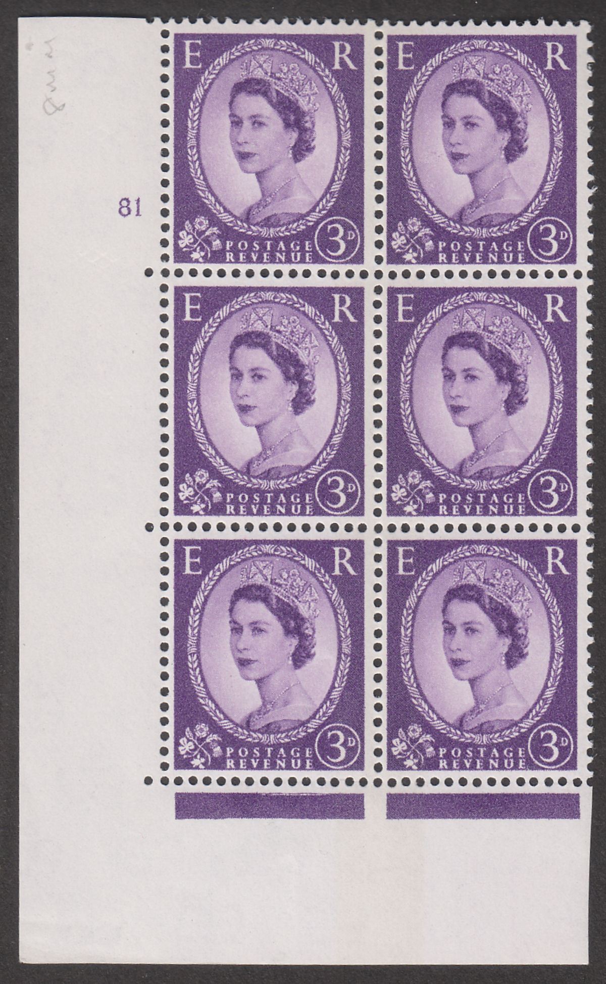 GB 1965 QEII Wilding 3d Deep Lilac Phosphor Cylinder 81 Block of 6 UM Mint