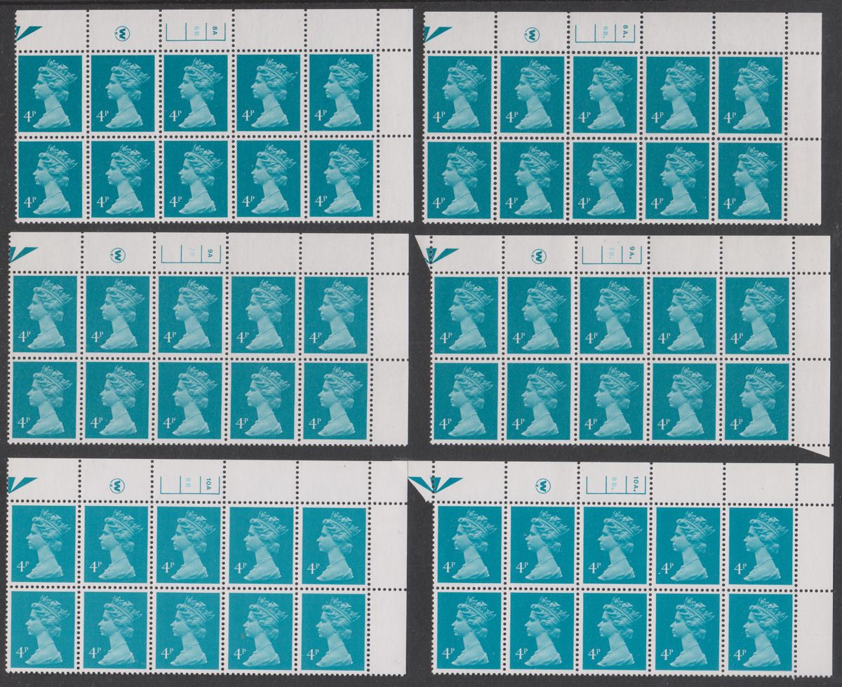 QEII 1981 Machin 4p Litho Cylinder 8A 6B to 11A. 9B. Blocks of 10 Mint