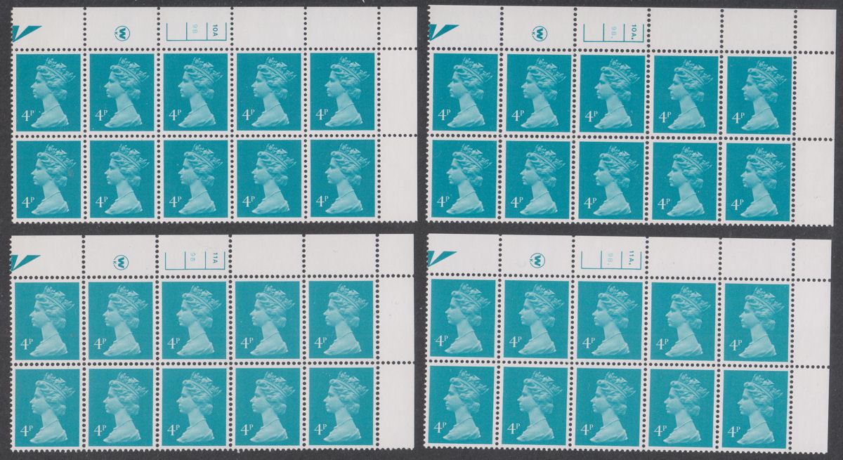 QEII 1981 Machin 4p Litho Cylinder 8A 6B to 11A. 9B. Blocks of 10 Mint