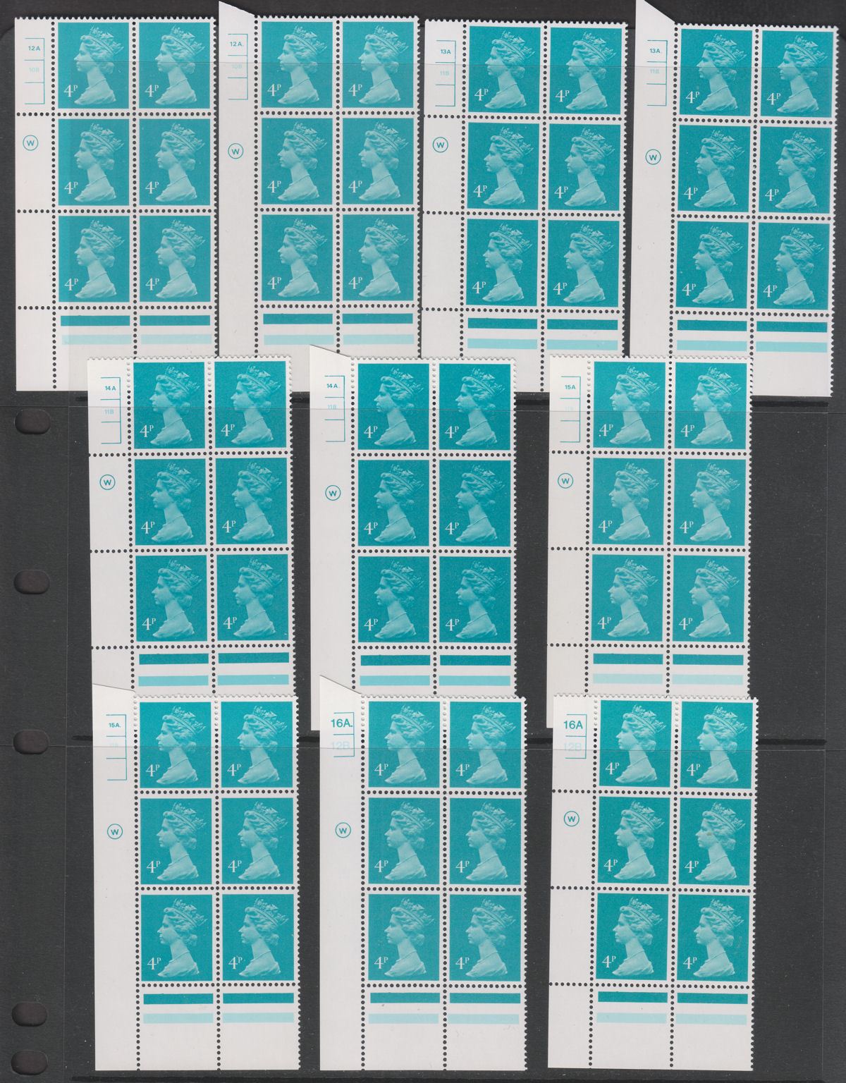 QEII 1981 Machin 4p Litho Cylinder 12A 10B to 16A. 12B. Blocks of 6 Mint