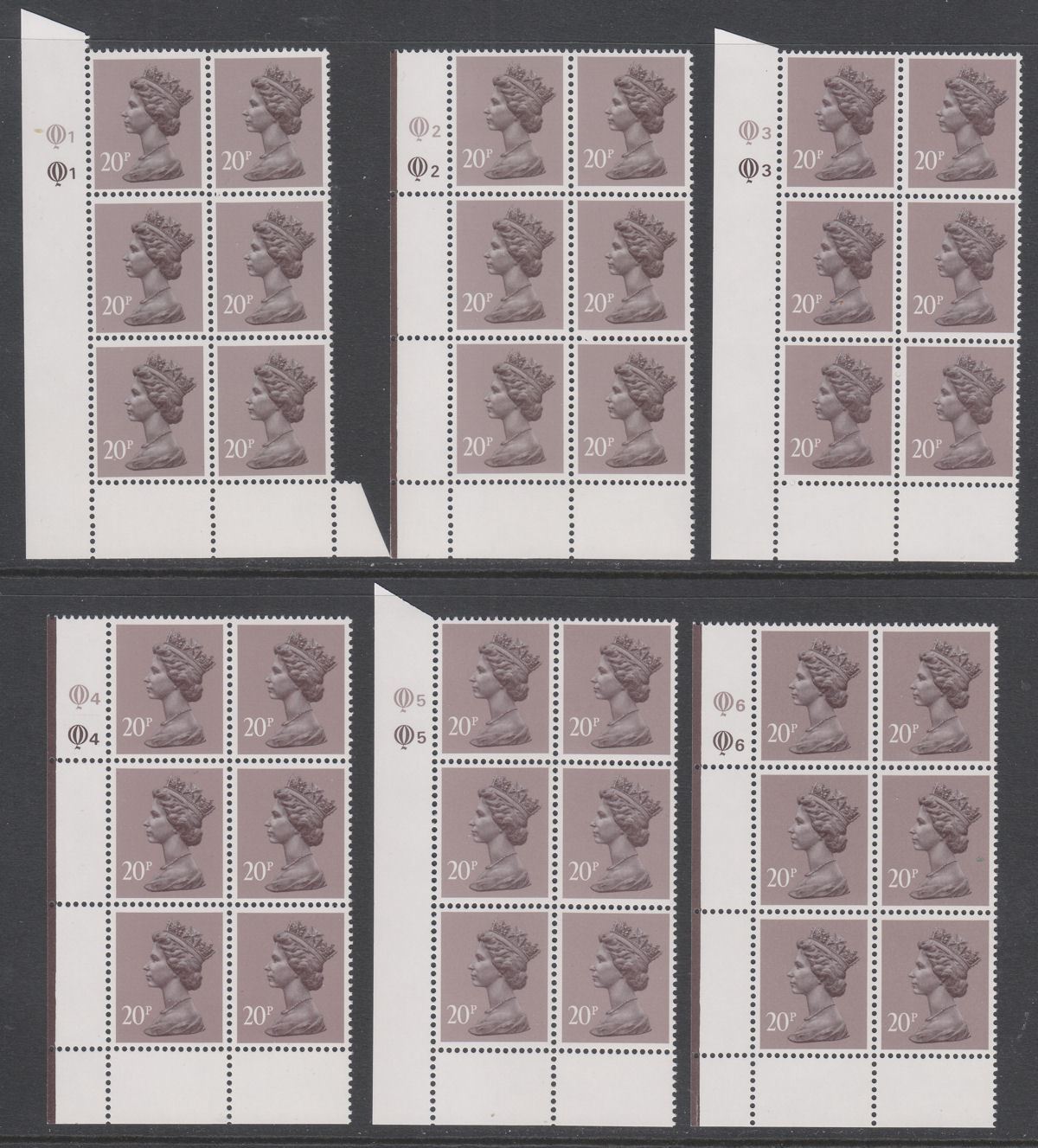 QEII 1986 Machin 20p Questa Litho Cylinder 1 - 6 Blocks of 6 Mint SG U50