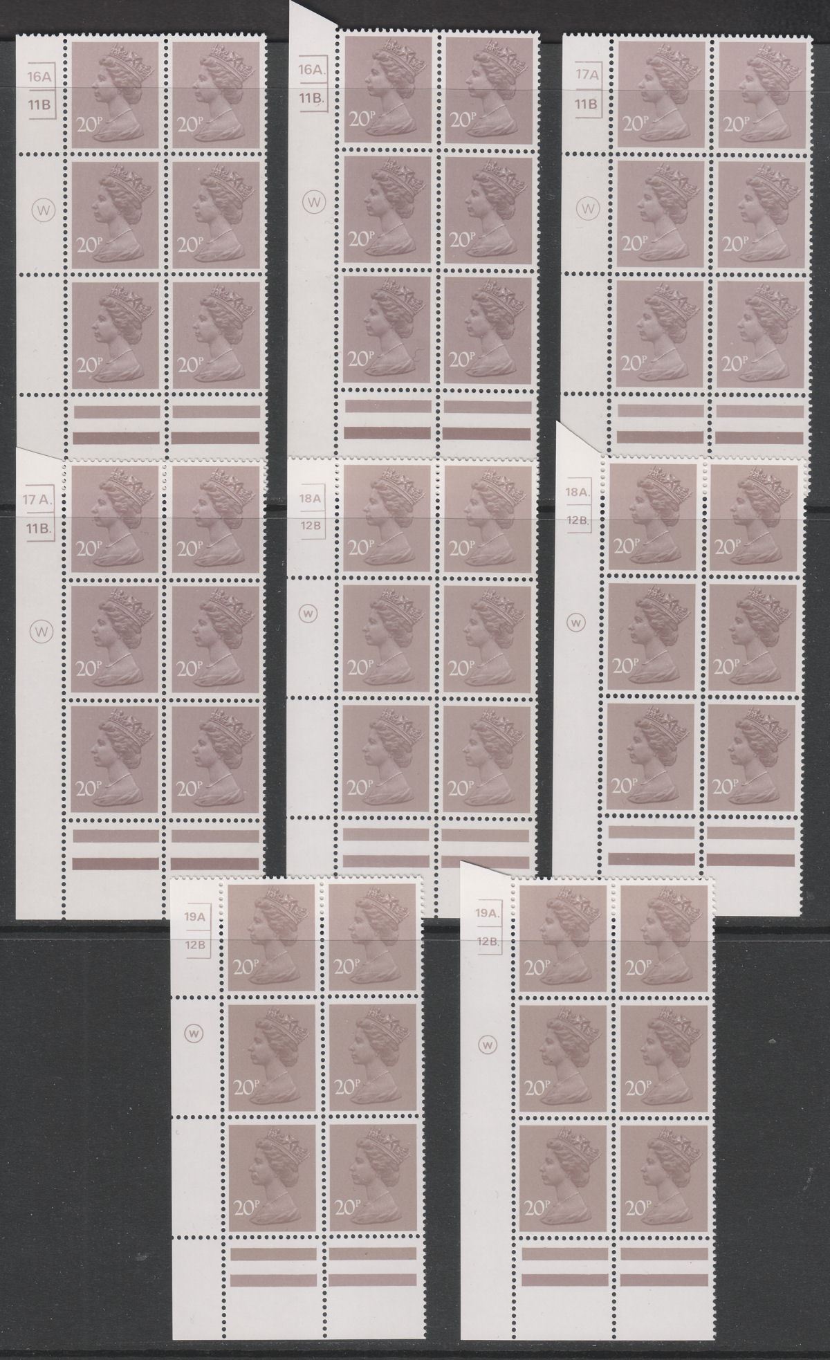 QEII 1981 Machin 20p Litho Cylinder 16A 11B to 19A. 12B. Blocks of 6 Mint