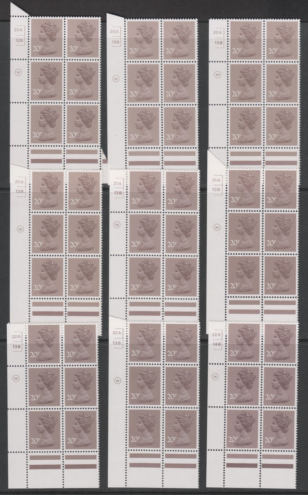 QEII 1981 Machin 20p Litho Cylinder 20A 12B to 23A. 15B. Blocks of 6 Mint