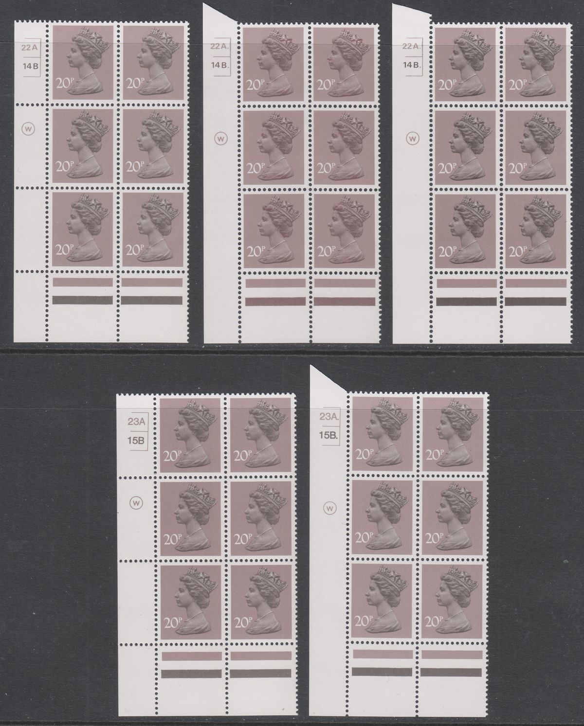 QEII 1981 Machin 20p Litho Cylinder 20A 12B to 23A. 15B. Blocks of 6 Mint
