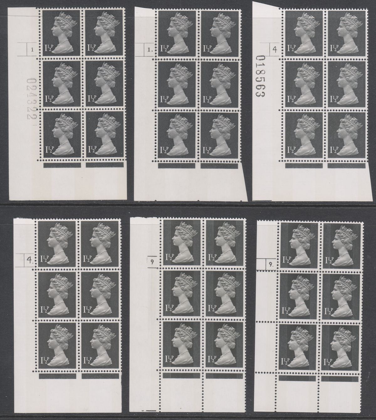 QEII 1971 Machin 1½p Photo Cylinder 1 4 9 Two Phosphor Bands Blocks of 6 Mint
