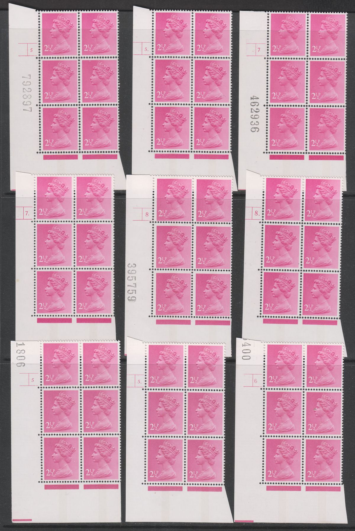 QEII 1971 Machin 2½p Photo Cylinder 5-10 One Phosphor Band Blocks of 6 Mint