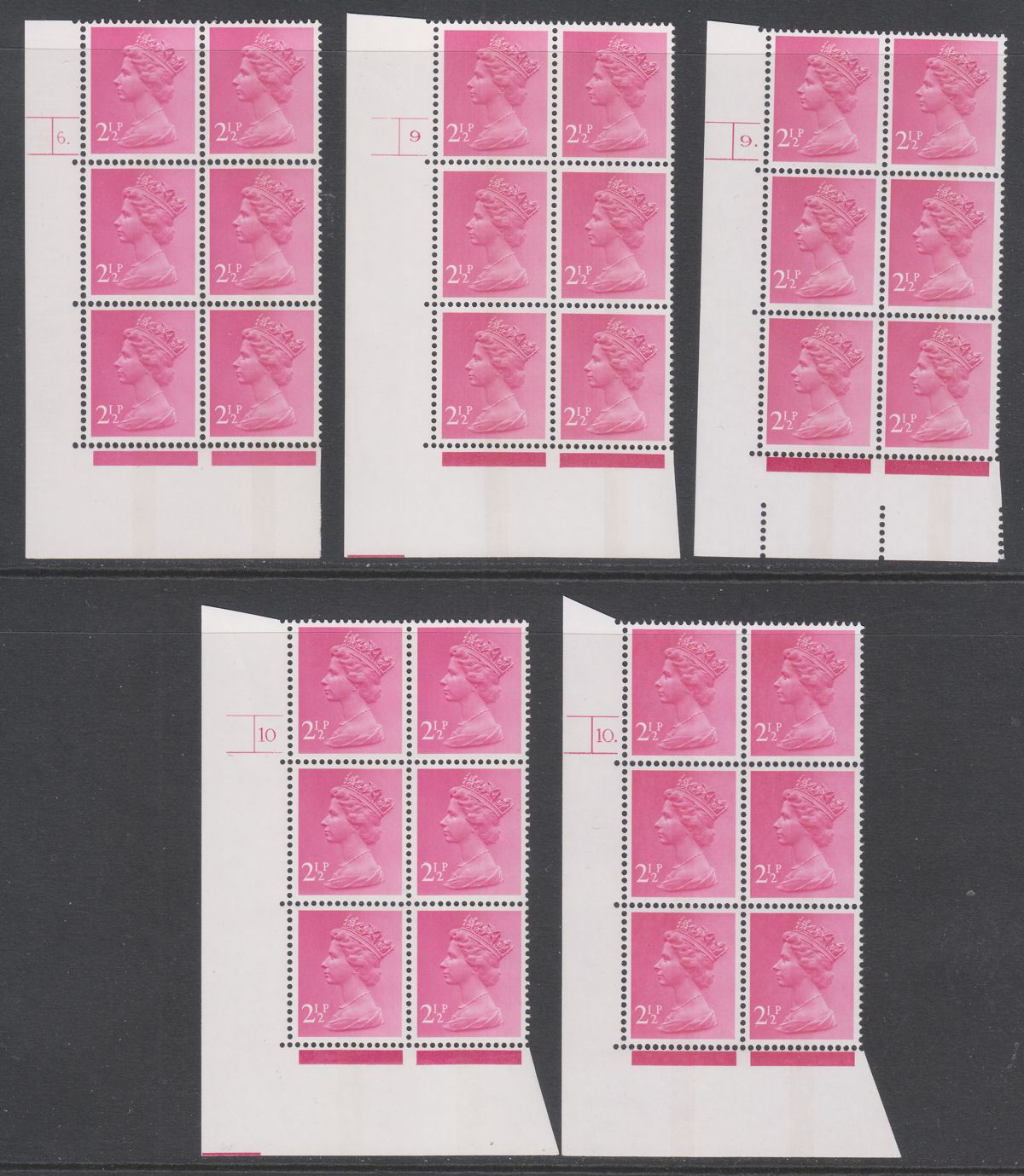 QEII 1971 Machin 2½p Photo Cylinder 5-10 One Phosphor Band Blocks of 6 Mint