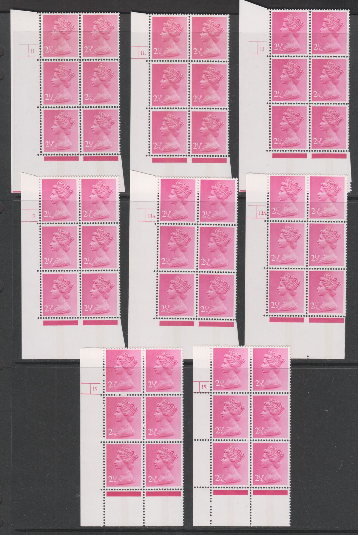 QEII 1971 Machin 2½p Photo Cylinder 11-19 Phosphor Band Blocks of 6 Mint