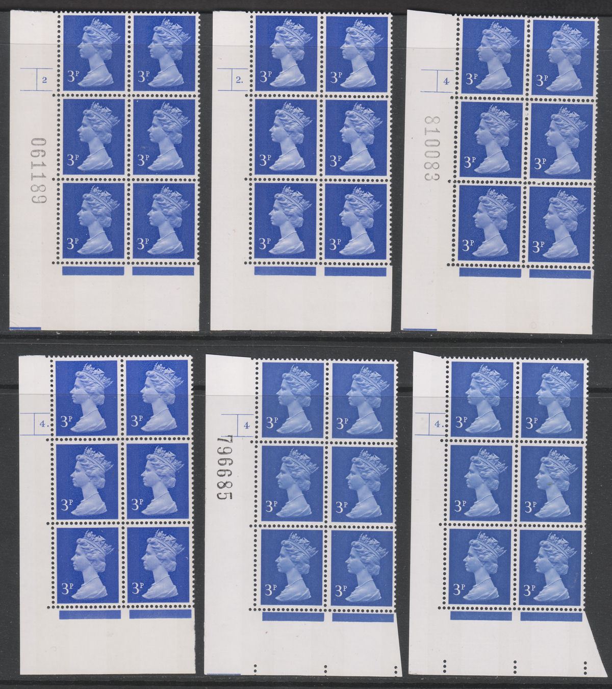 QEII 1971 Machin 3p Photo Cylinder 2 4 8 9 10 Phosphor Bands Blocks of 6 Mint