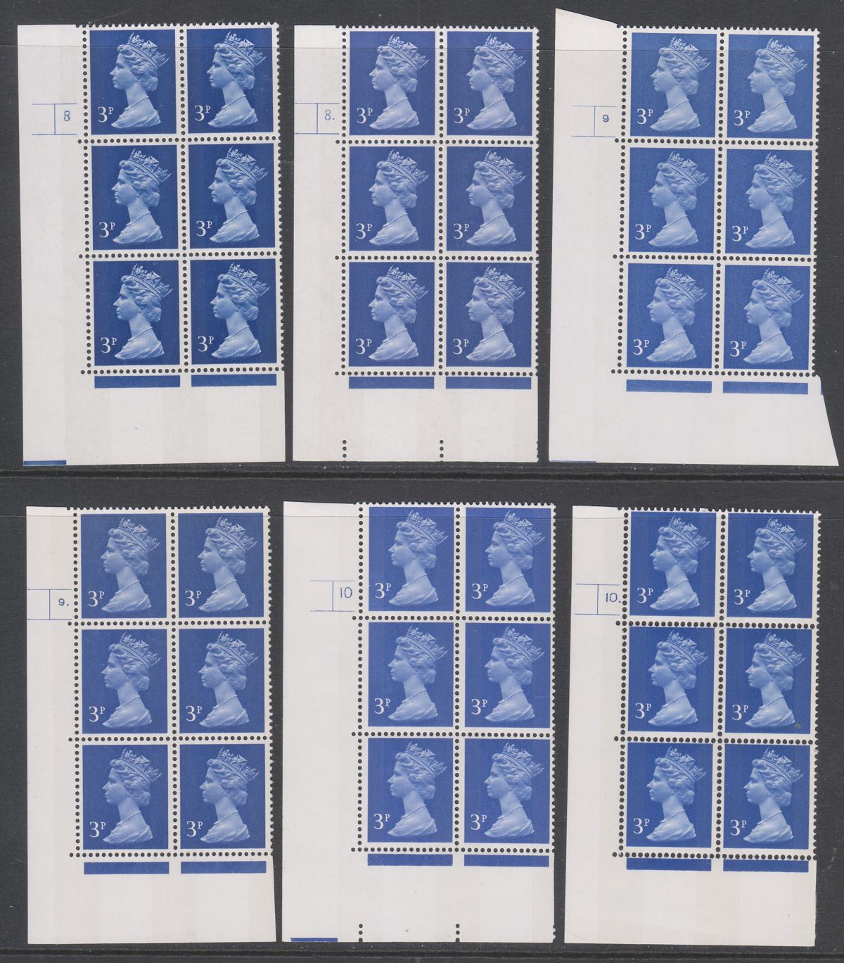QEII 1971 Machin 3p Photo Cylinder 2 4 8 9 10 Phosphor Bands Blocks of 6 Mint