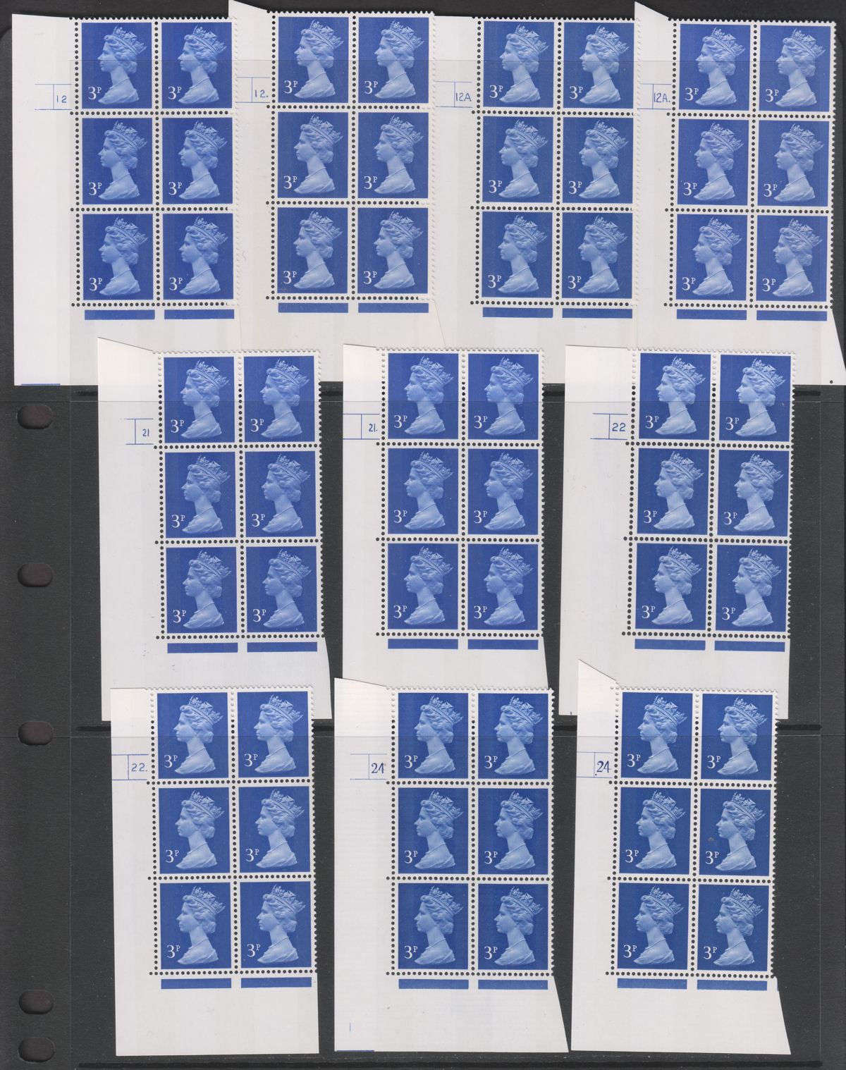 QEII 1971 Machin 3p Photo Cylinder 12 A 21 22 24 Phosphor Bands Blocks of 6 Mint