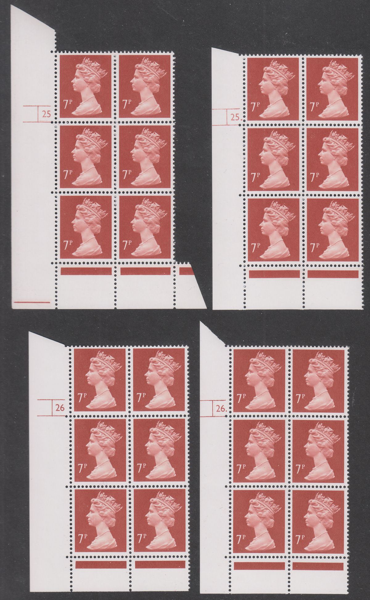 QEII 1985 Machin 7p Photo Cylinder 25 and 26 Dot and No Dot Blocks of 6 Mint