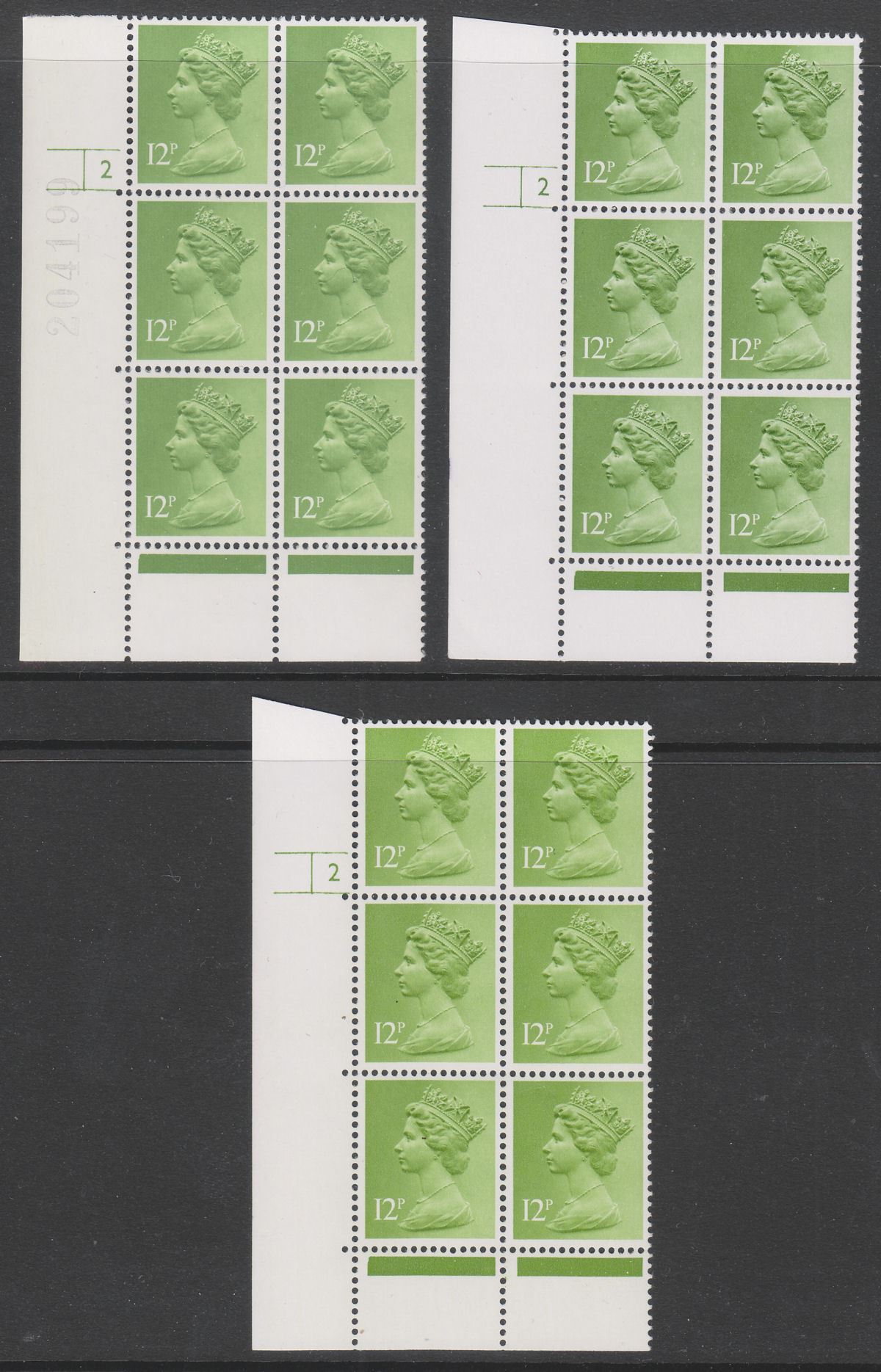 QEII 1980 Machin 12p Yellowish Green Shades Photo Cylinder 2 Blocks of 6 Mint