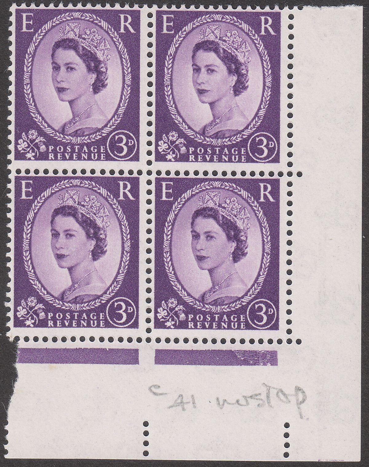 GB 1958 QEII Wilding 3d Block First Retouch Phantom R Variety UM Mint SG575da