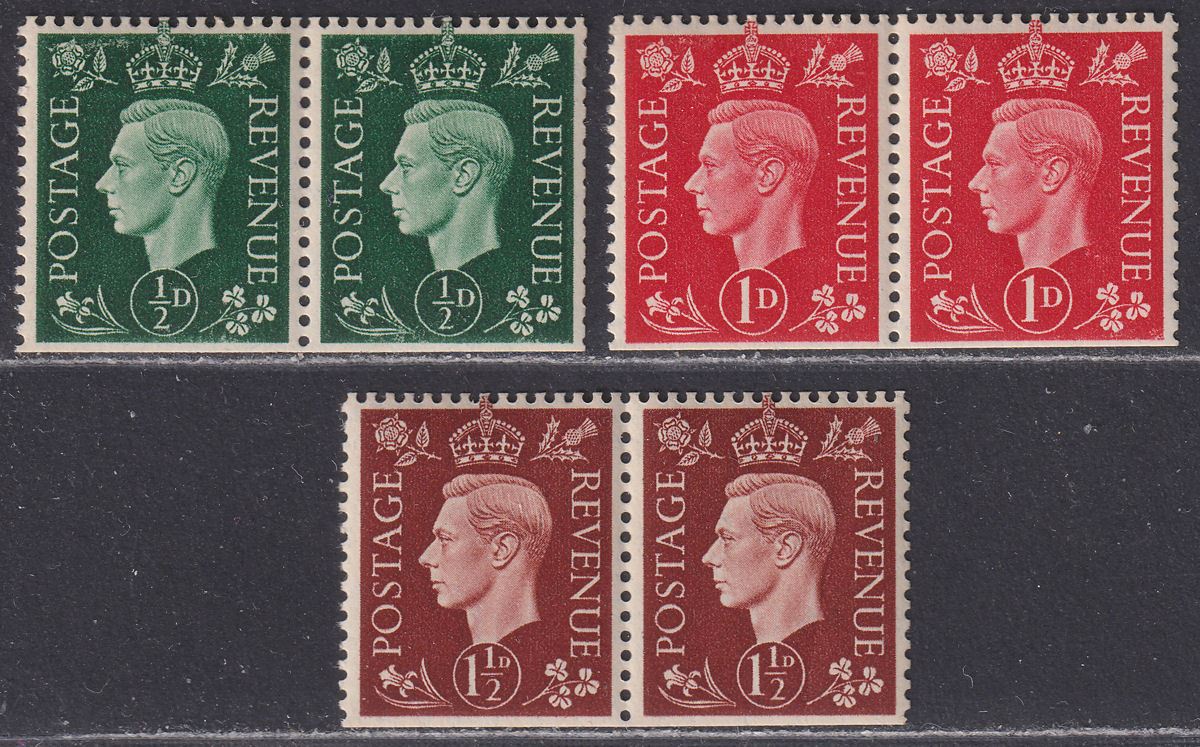 King George VI 1938 Watermark Inverted ½d 1d 1½d Pairs Mint SG462Wi-464Wi c £130