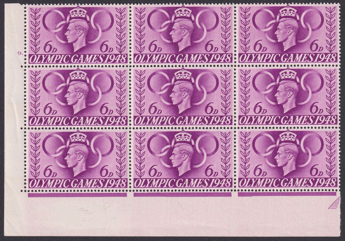KGVI 1948 Olympic Games 6d Bright Purple Cylinder 9. Block of 9 Mint SG497