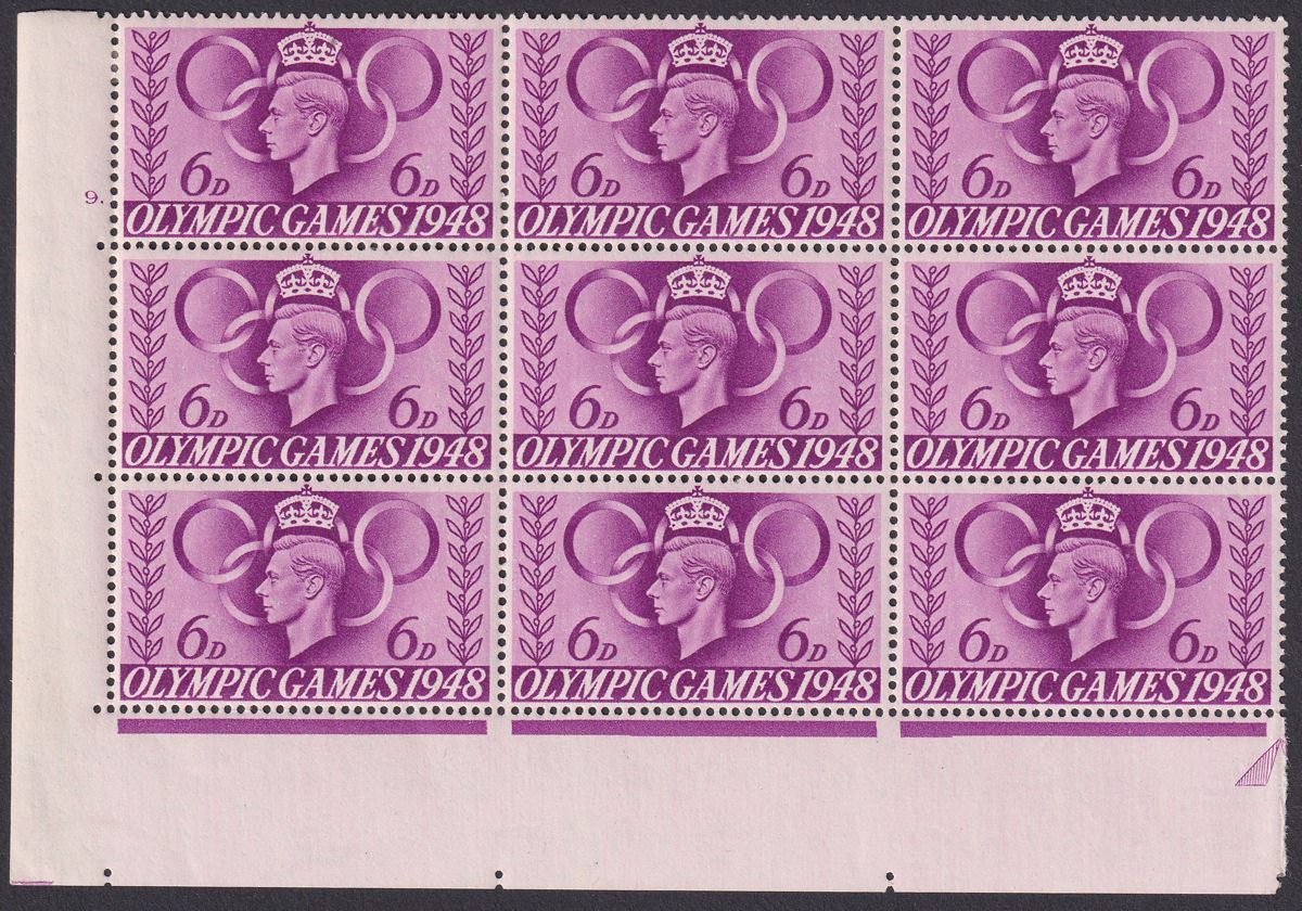 KGVI 1948 Olympic Games 6d Bright Purple Cylinder 9. Block of 9 Mint SG497