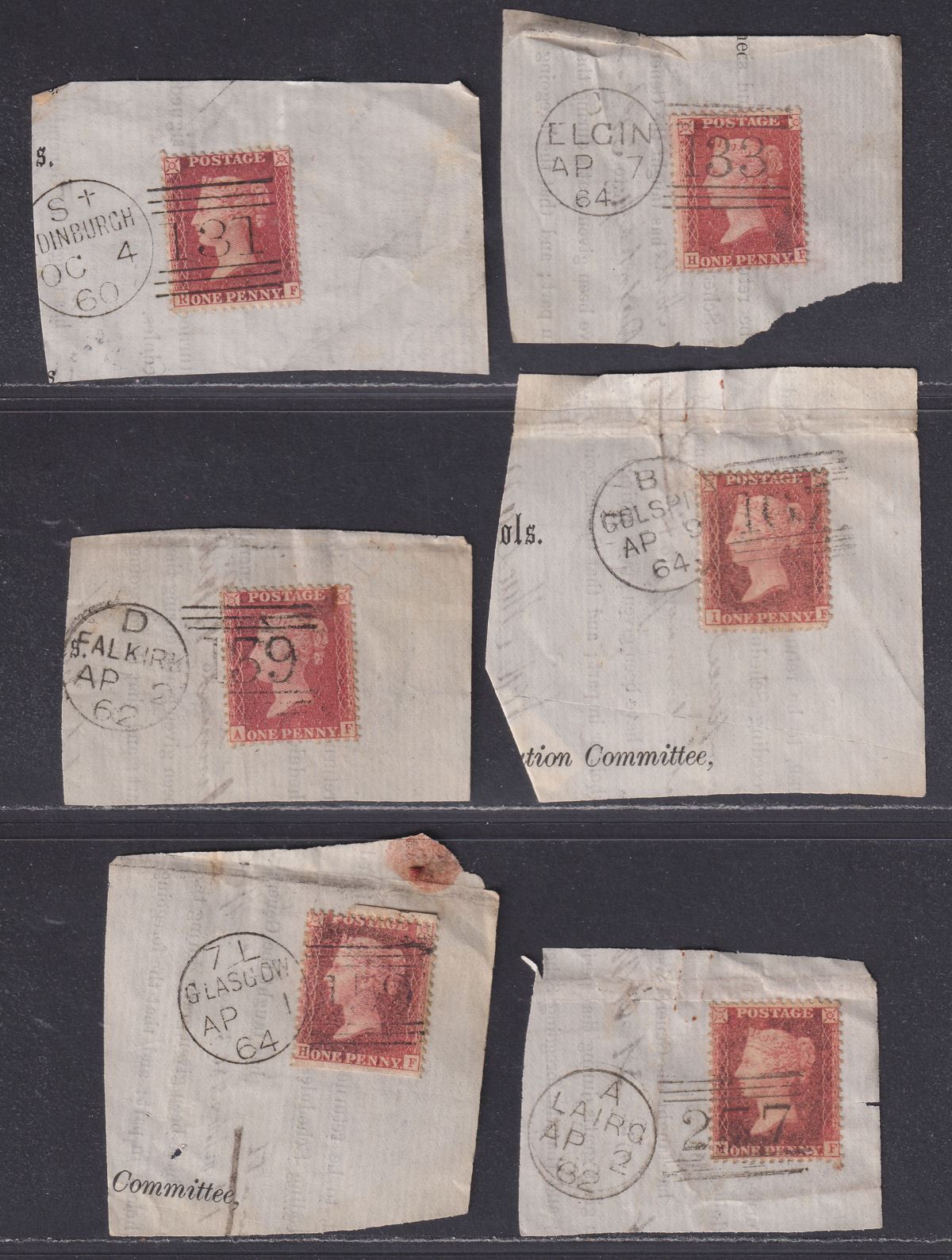 QV 1860-64 1d Used w EDINBURGH, ELGIN, FALKIRK, GLASGOW, GOLSPIE, LAIRG Pmks