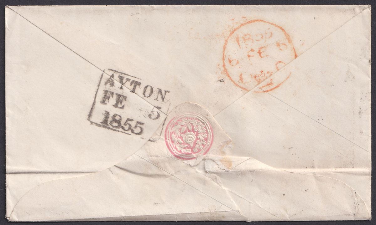 QV 1855 1d Postal Stationery Cover Used Ayton to London with Numeral 28 Postmark