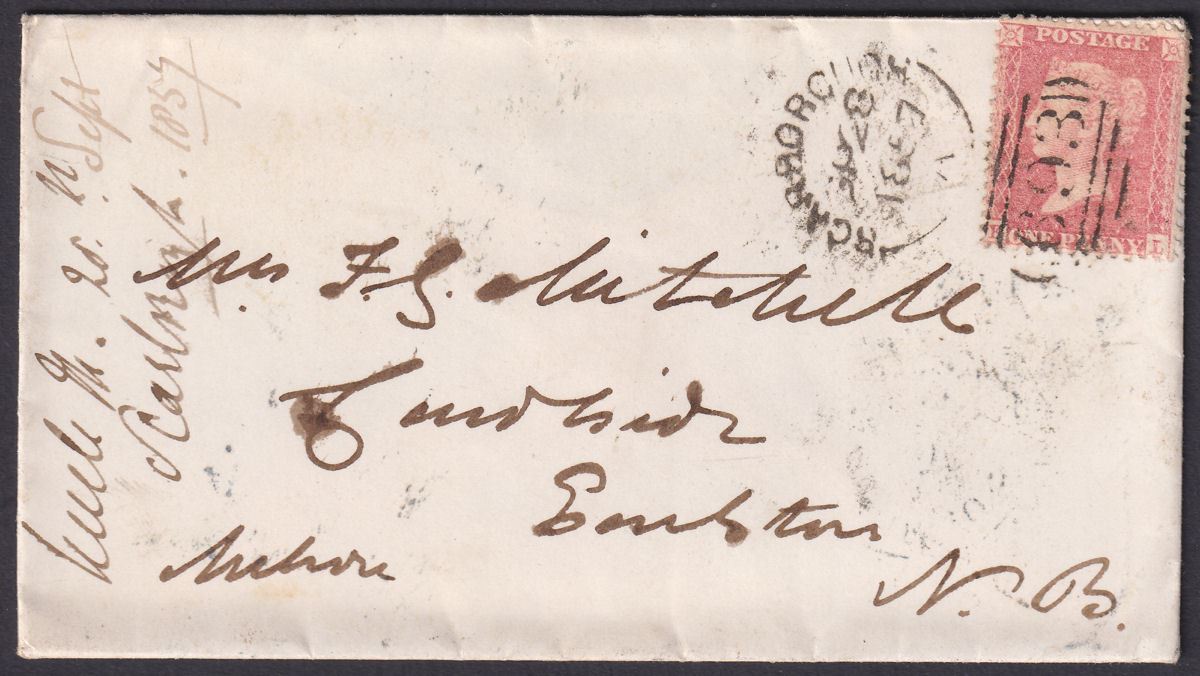 Queen Victoria 1857 1d Red Used Cover Scarborough 693 Duplex to Earlston