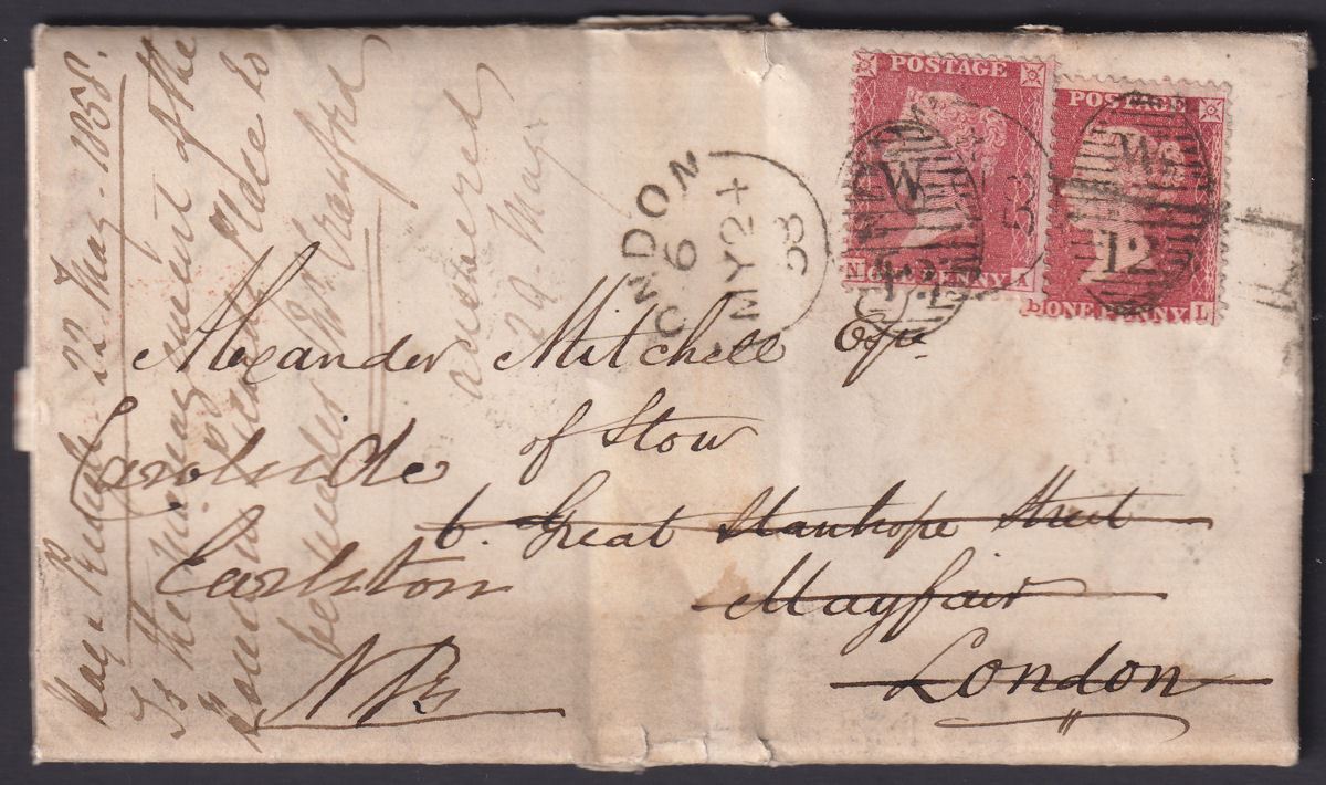 Queen Victoria 1858 1d Red x 2 Used on Redirected Entire London to Earlston